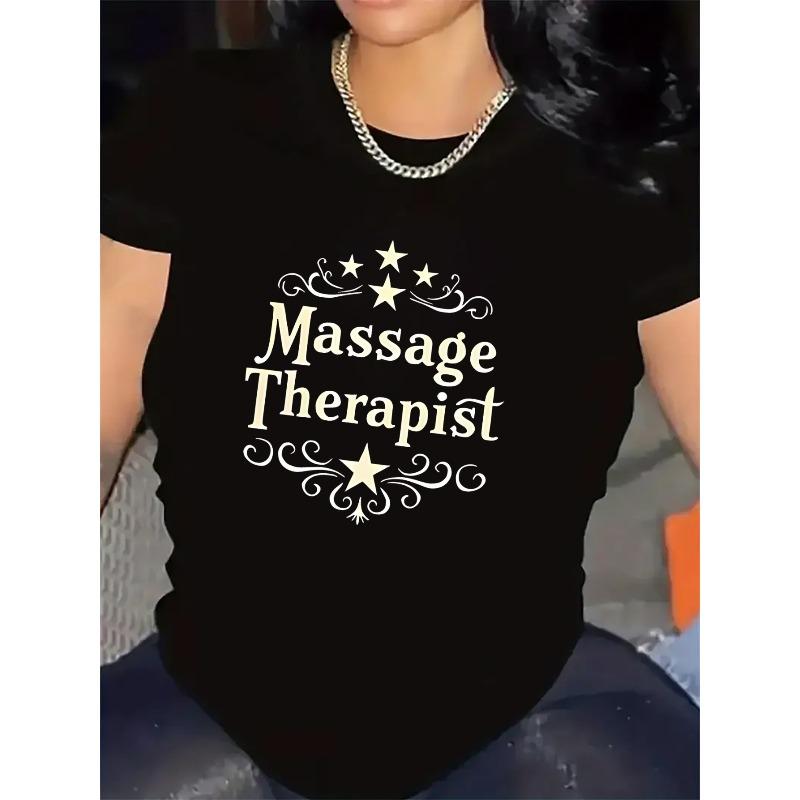

Women Elegant Star Print Massage Therapist Spa Salon Work Casual Tee S чёрный