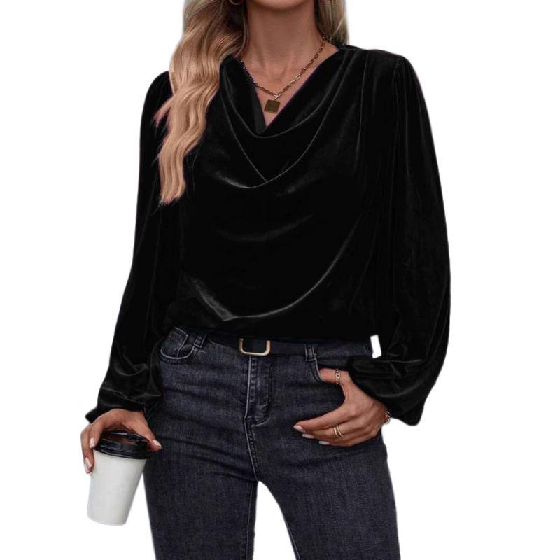 Women Swing Collar Long Sleeve Velvet Top