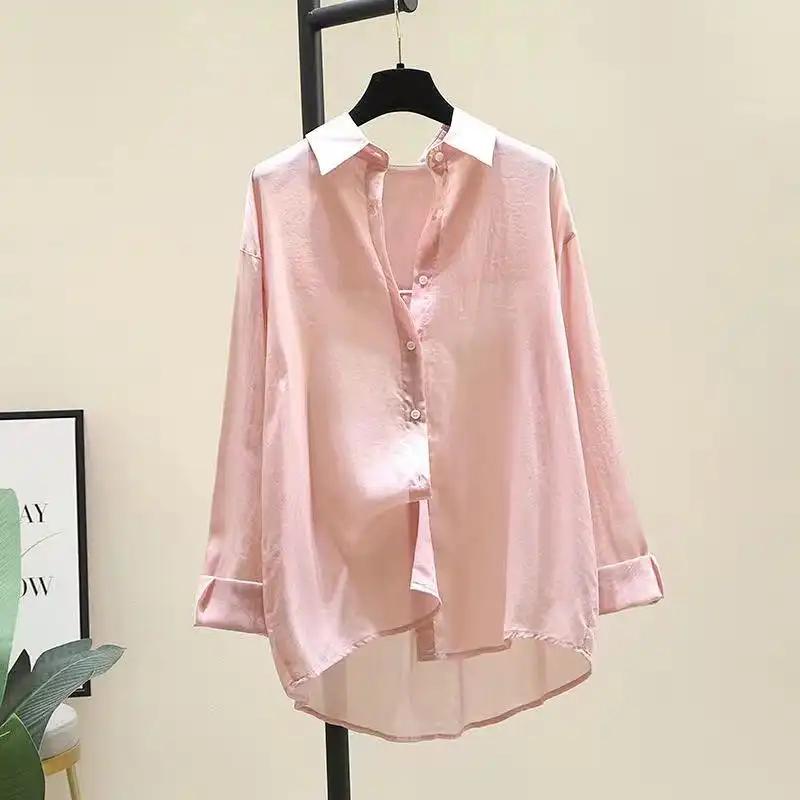 Women's White Oversized Sheer Shirt Long Sleeve Button-Down Casual Blouse with Curved Hem