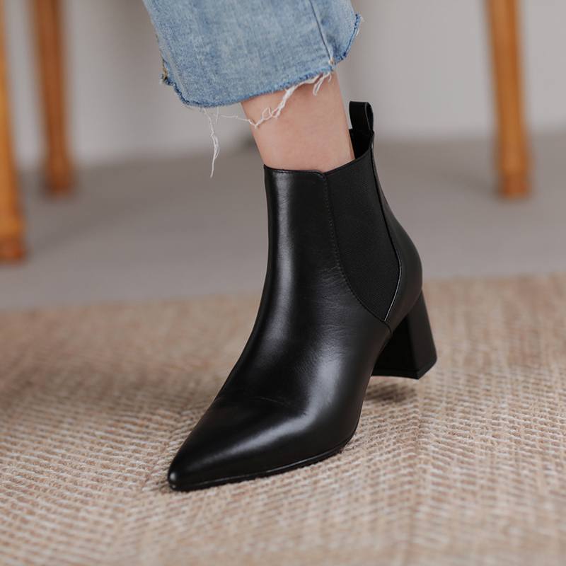 Krazing Pot Kravská kůže Zimní Špičaté špičky Silné střední podpatky Chelsea boty Dámské Nazouvací Velká velikost Retro Stručný styl Kotníkové boty