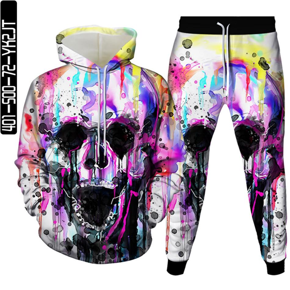 Conjuntos de chándal para hombre Hip Hop Punk Skull Fire Sudaderas con capucha impresas en 3D Pantalones para correr Traje de alta calidad para mujer Ropa de calle Tallas grandes S-6XL