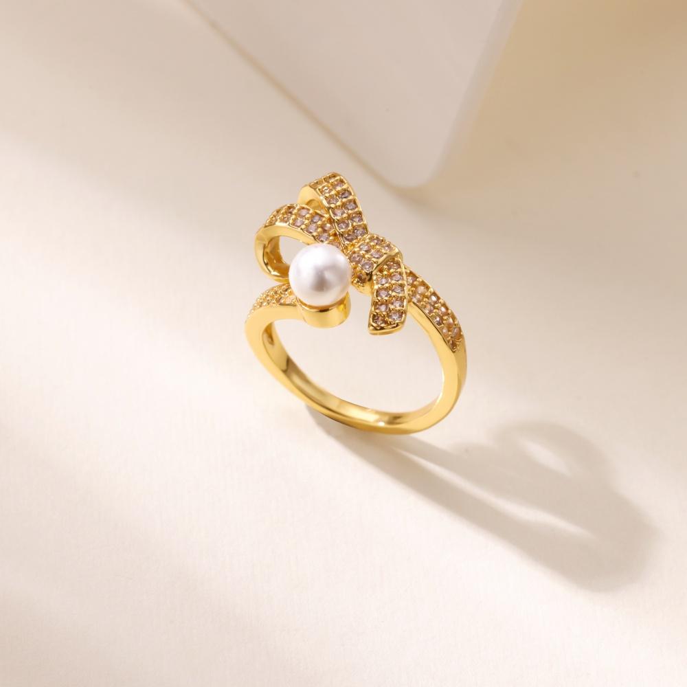 Luxury Bow Stainless Steel Rings for Women Cubic Zirconia Golden Ring Artificial Pearl Wedding Jewelry Fashion Accessories Gifts