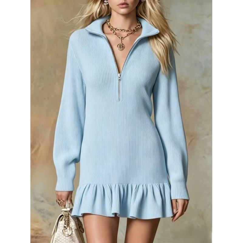 Women S Half Zip Ruffled Mini Dress Long Sleeve V Neck Casual