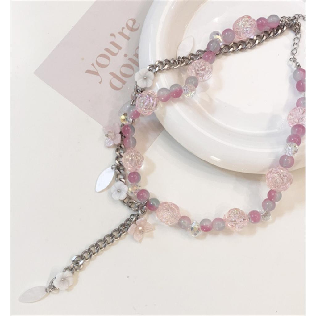 Tooxika Crushed Ice Coloured Pastel Crystal Beaded Flower Patchwork Necklace Niche Sweet Cool Choker Collarbone Chain