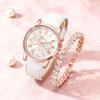 2pcs/Set-Fashionable and Exquisite Women's Watch Casual Leather Strap Quartz Watch Rhinestone Bracelet Set (box Not Included)
