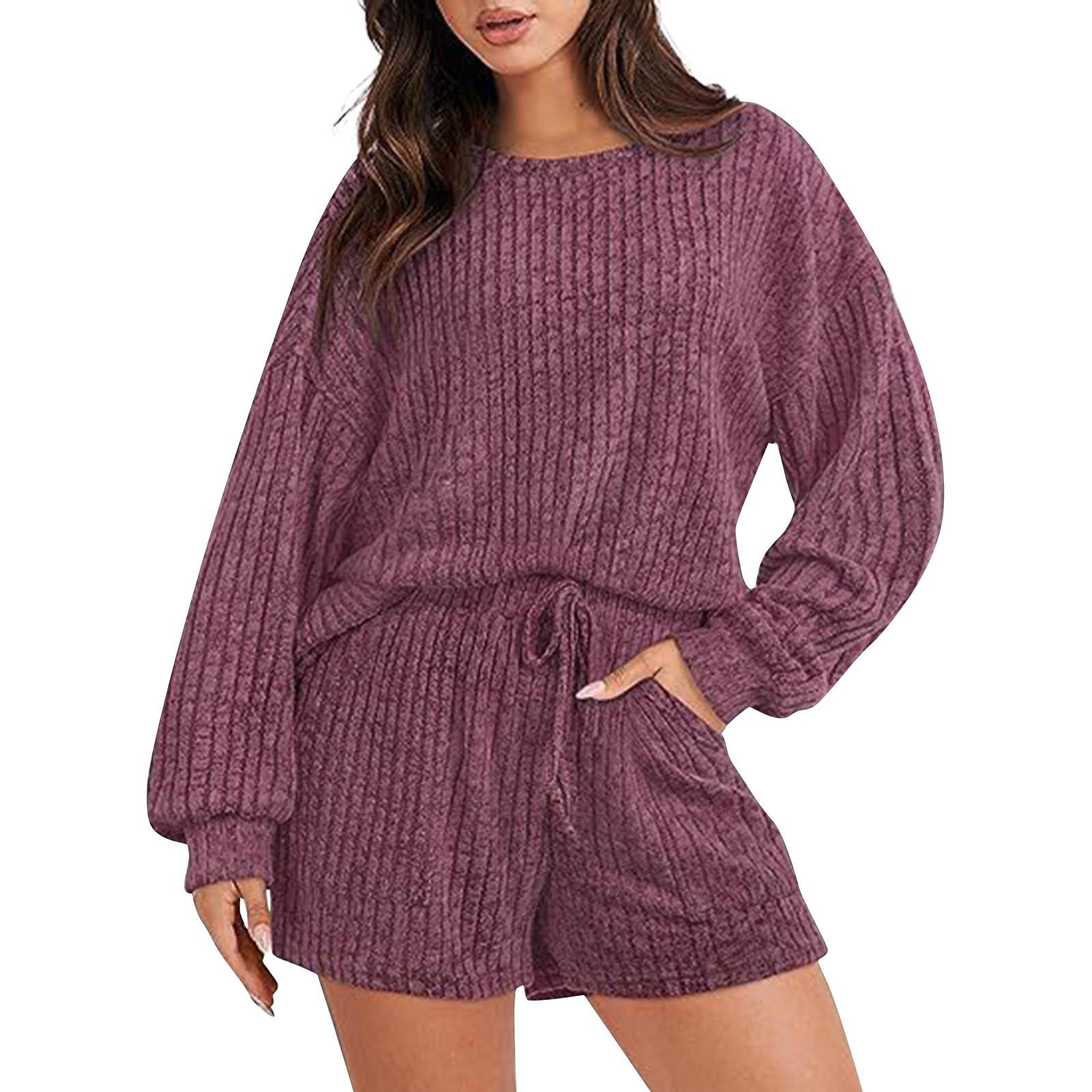 

Женский домашний комплект из топа и шорт с длинными рукавами, комплект из двух предметов, модная повседневная удобная однотонная пижама с карманами S винный