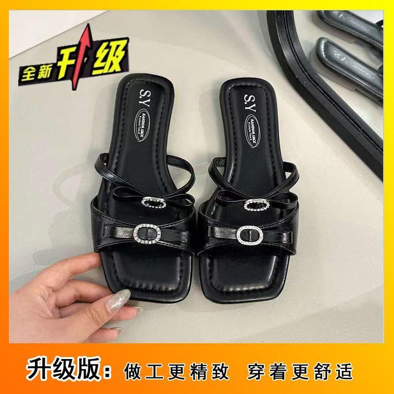 2025 summer new outer wear beautiful square head open-toed cool slippers fairy bow word flat slippers woman