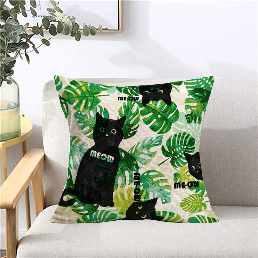 4 Pcs Pack Black Cat Meow Pillow Covers Decorative Tropical Succulent Plants Palm Leaves Green Leaf With Cat Animal Throw