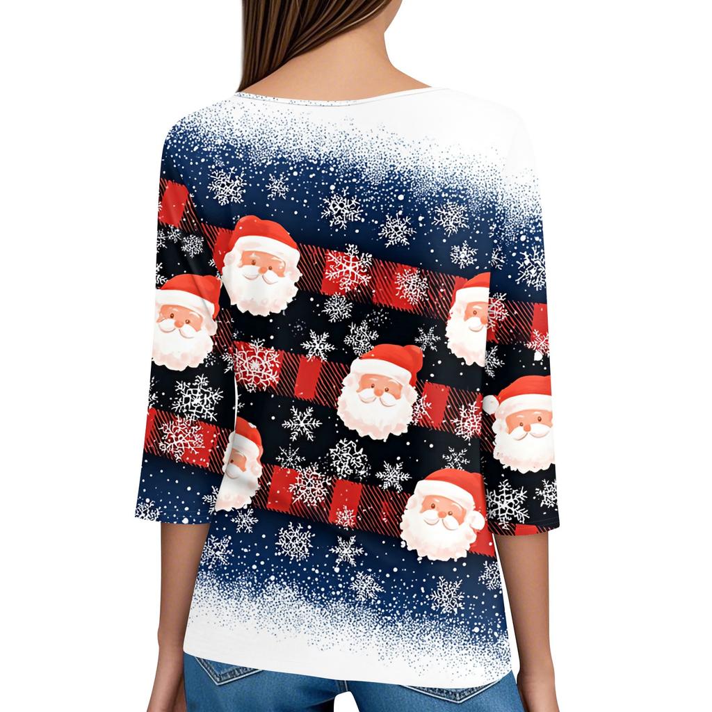 Women's T Shirt Tee Christmas Printed Button 3/4 Sleeve Tunic Daily Weekend Fashion Basic V- Neck Regular Top