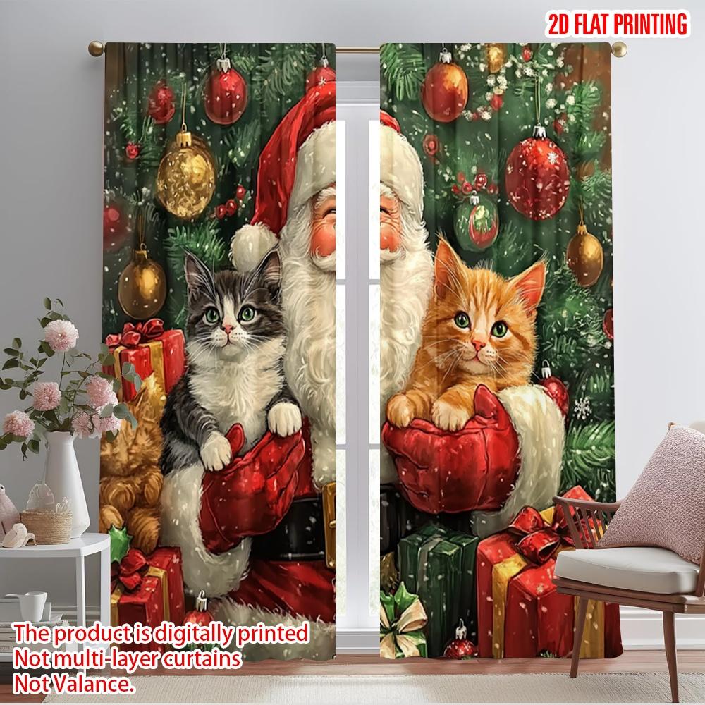 2pcs,2D plane printing Creative Curtains Santa Kitten Christmas Presents (2) Polyester Woven (without rod) Decorations Inside