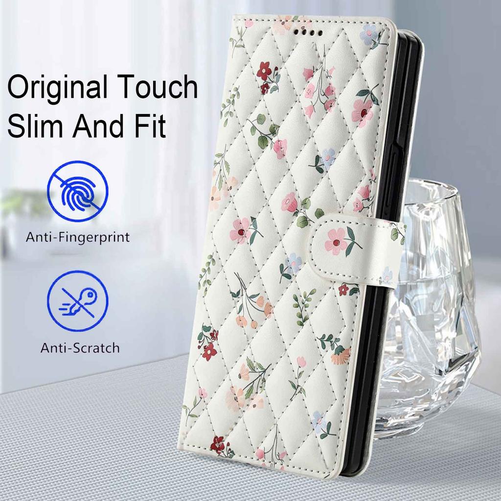 Applicable to Samsung Z Fold7Lanyard phone case with floral and checkered pattern leather cover Fold6/5/4Flip cover case