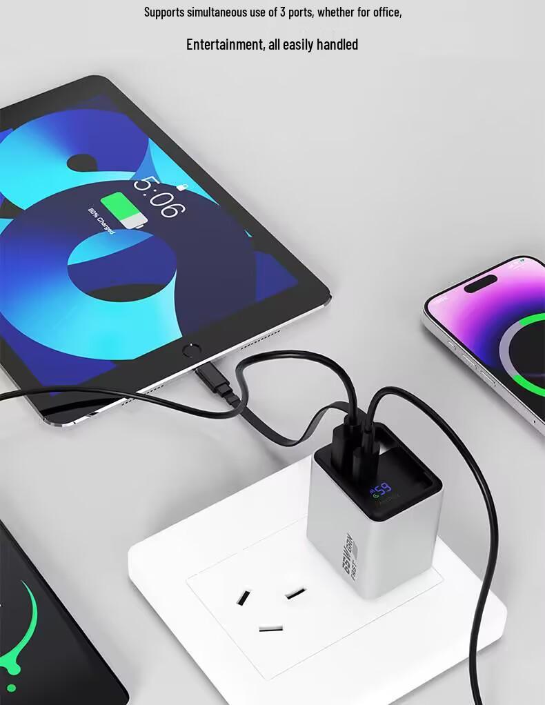 65W GaN Fast Charger with Digital Display, Retractable Type-C Cable, and Multi-Port Compatibility for Apple and Android Devices.