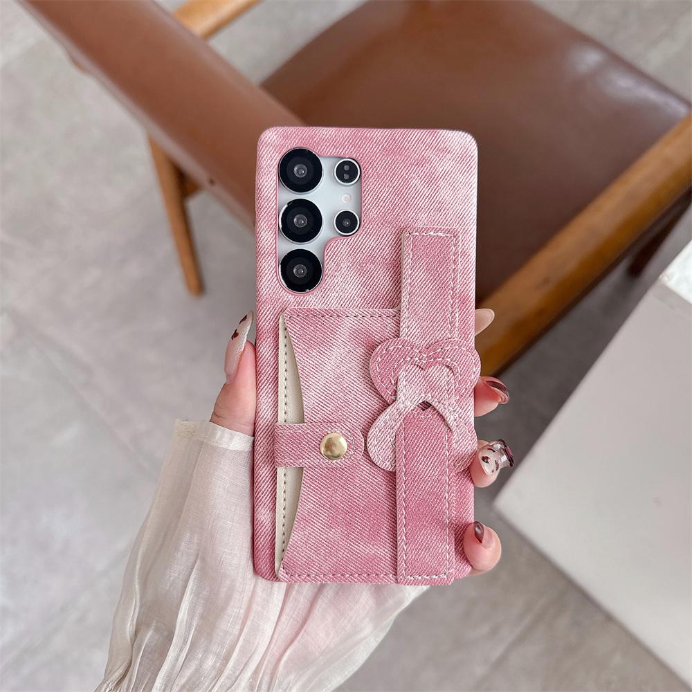 Chic Vintage Heart Bow Wrist Strap Jeans Texture Phone Case for SamSung Galaxy S26 Ultra S25 S24 S23 Card Holder Protect Cover
