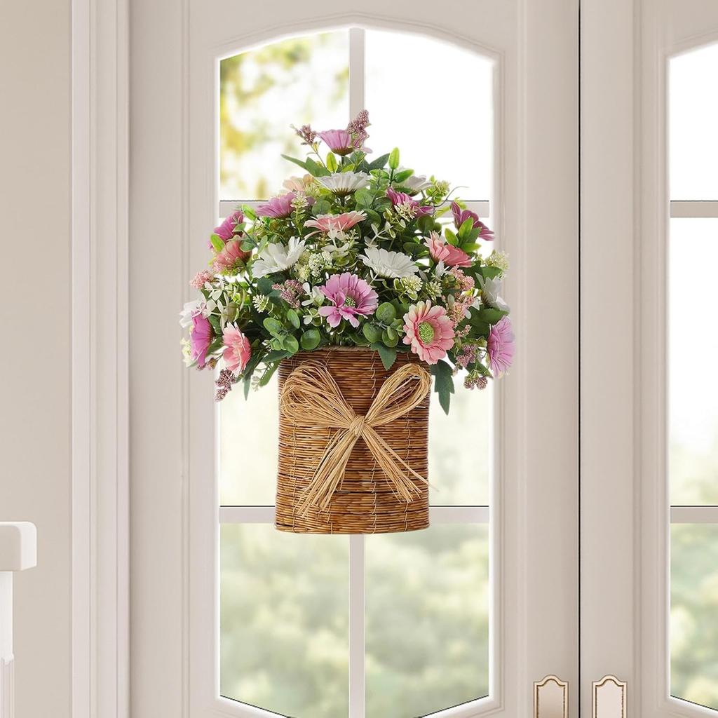 Artificial Hanging Flower Basket 48cm Wicker Basket with Decorative Bow Faux Greenery Plant Arrangement for Door Wall Hanging Indoor Outdoor