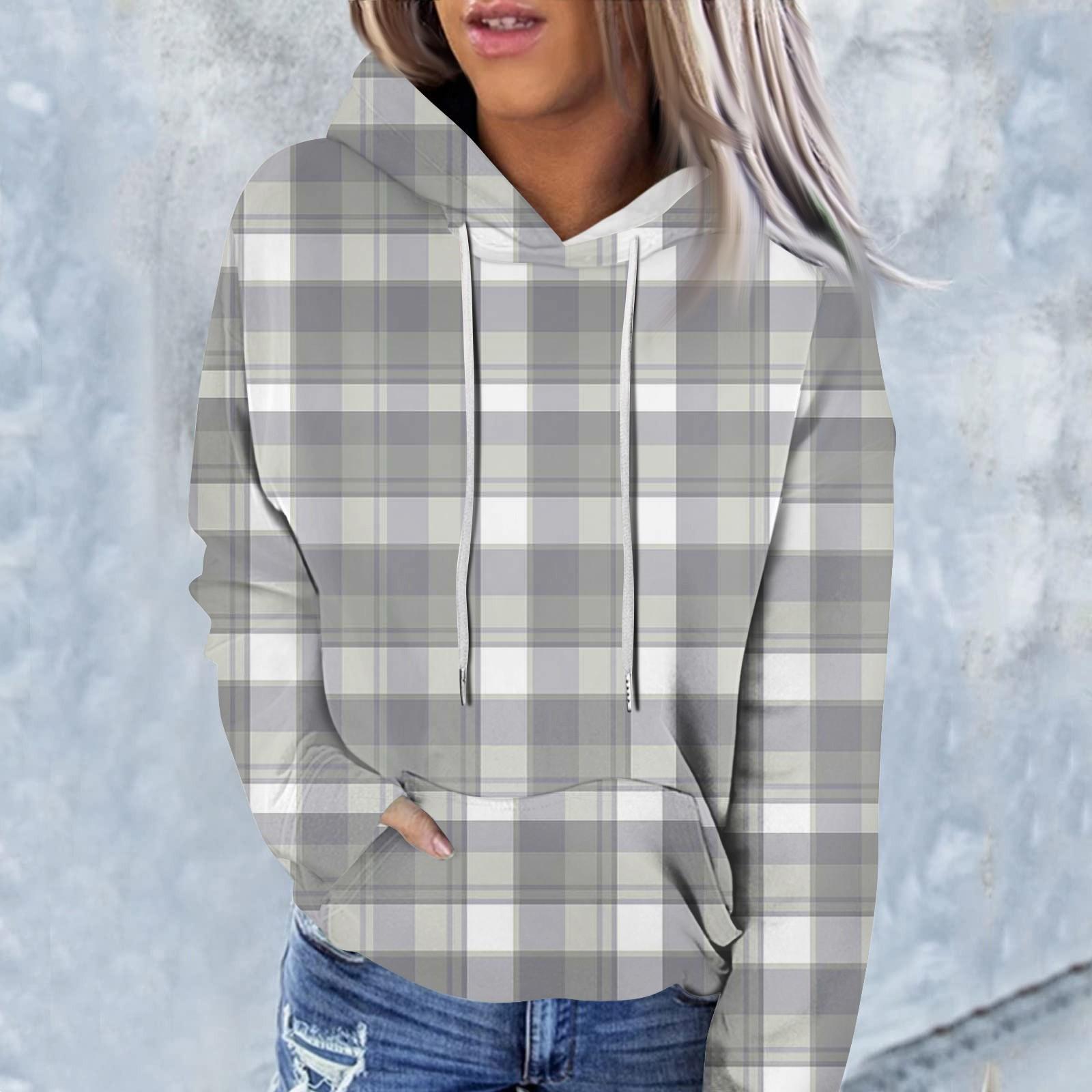 Женская модная повседневная толстовка с капюшоном и длинным рукавом в клетку M темно-синий — фото 6