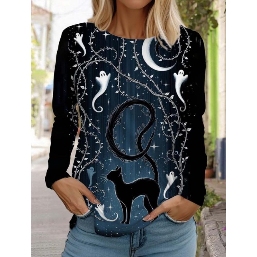 

Christmas Cute Cat Women s Long Sleeves T-Shirt Long Sleeved Autumn Animal Clothing Holiday Gift Clothing Fashion Party T-Shirt XL