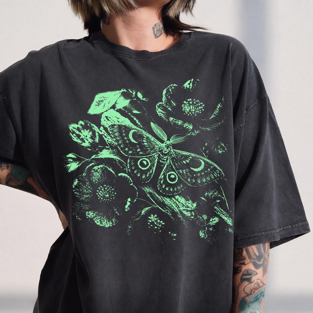 Luna Moth Floral Graphic Tee, Neon Green Nature Lover Shirt and kids tshirt