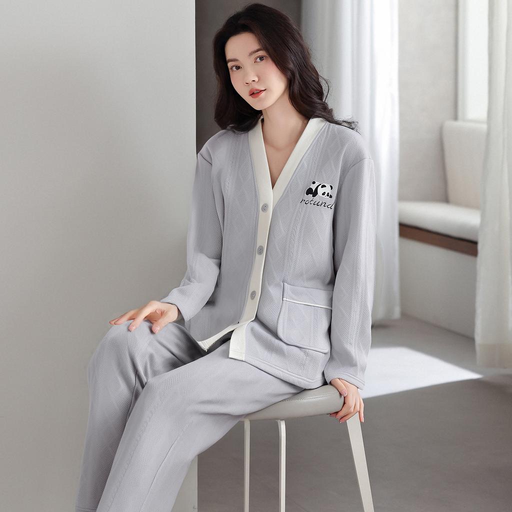 Air Cotton Sandwich Pajamas Women'S Autumn And Winter Pure Cotton Thickened Long-Sleeved Thermal Loungewear Set