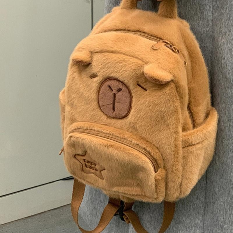 Cartoon Plush Capybara Animal Backpack for Teens Multiple Pockets Student School Bag Zippered Crossbody Shoulder Bag