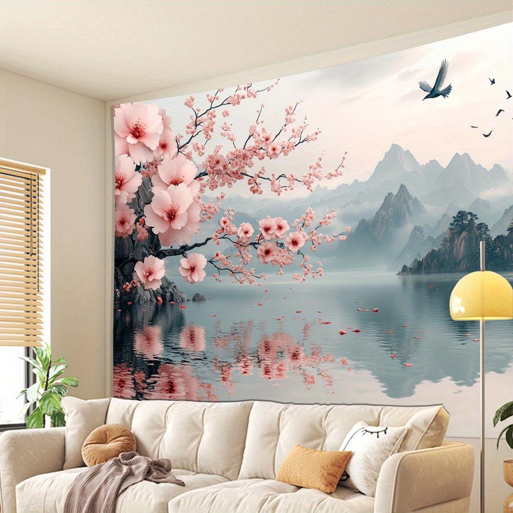 1pc Vintage 3D Cherry Blossom and Mountain Lake Tapestry- Polyester Fabric, Suitable for Living Room, Bedroom, Office Decoration