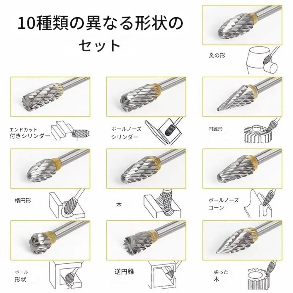 Zmart 3mm Tungsten Router Diamond Slice Set with Shank Tungsten Carbide Milling Rotary Broken Steel Cone Drill Set 10-Piece 1/8" Cutter,