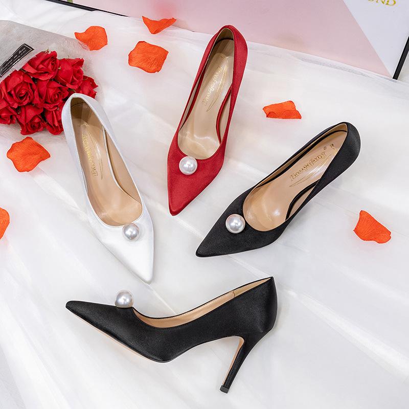 Fashion 2025 New Wedding Shoes Women Pearl Buckle Red High Heels Stiletto Bridesmaid White Bridal Shoes Black Work Shoes