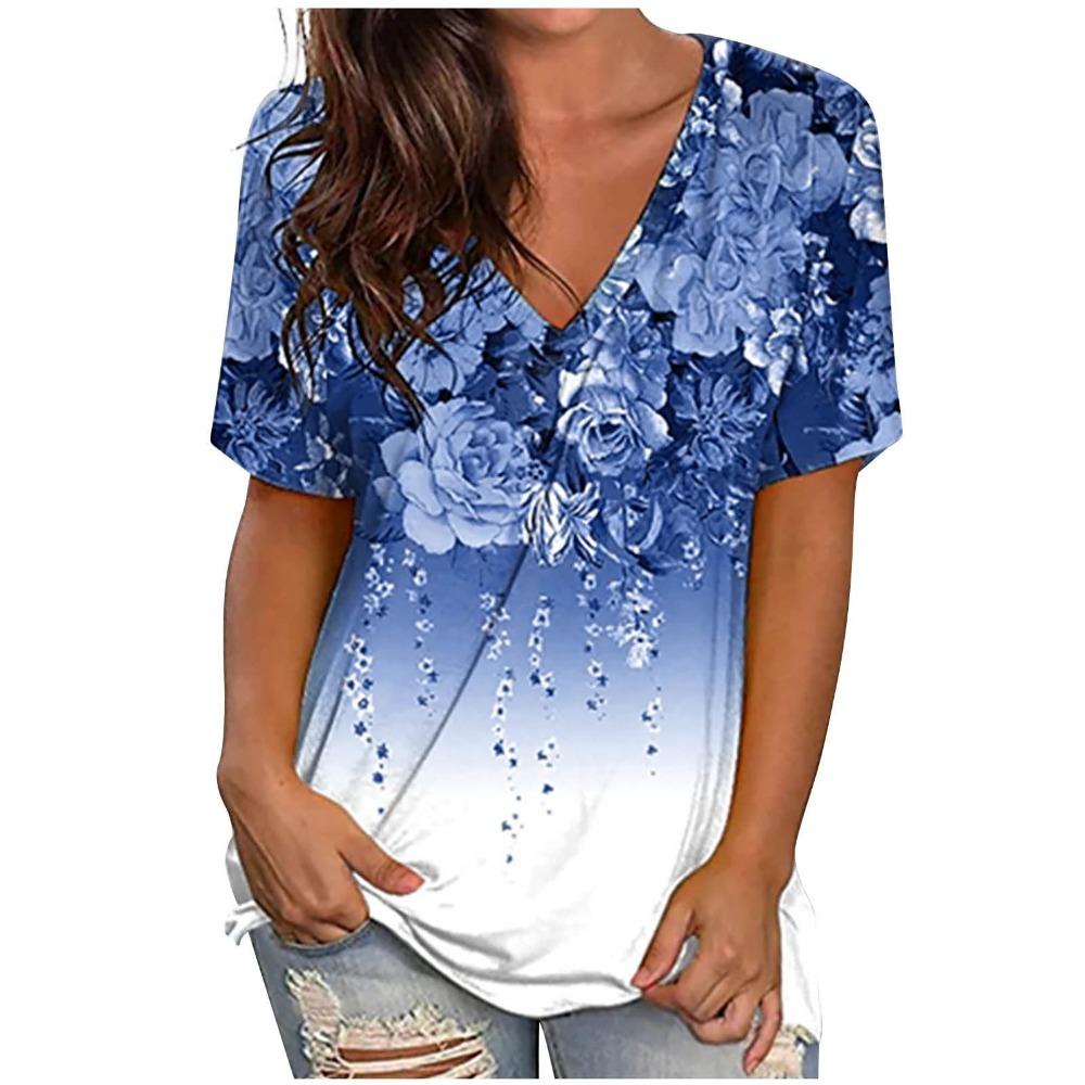 Camiseta De Manga Corta Elegante Con Cuello En V Para Mujer, Tops Holgados Con Estampado Floral En 3D, Varios Colores