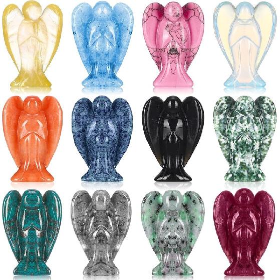 Nuenen 12 Pieces Crystal Angel Figurines Bulk Guardian 1.5 Inch Angel Statue Stones Gemstones Crystals Carved Stones for Easter Decor Gifts Home