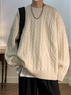 Men's Japanese Style Thick Knit Sweater - Trendy Loose Round Neck Jacket for Autumn and Winter.