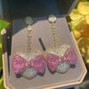 Korean Popular Women's Earrings Bow Love Pink Girly Earrings Micro-set Cubic Zirconia Long Shiny Dangle Earrings Wholesale