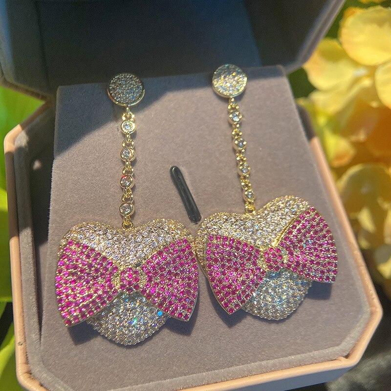 Korean Popular Women's Earrings Bow Love Pink Girly Earrings Micro-set Cubic Zirconia Long Shiny Dangle Earrings Wholesale