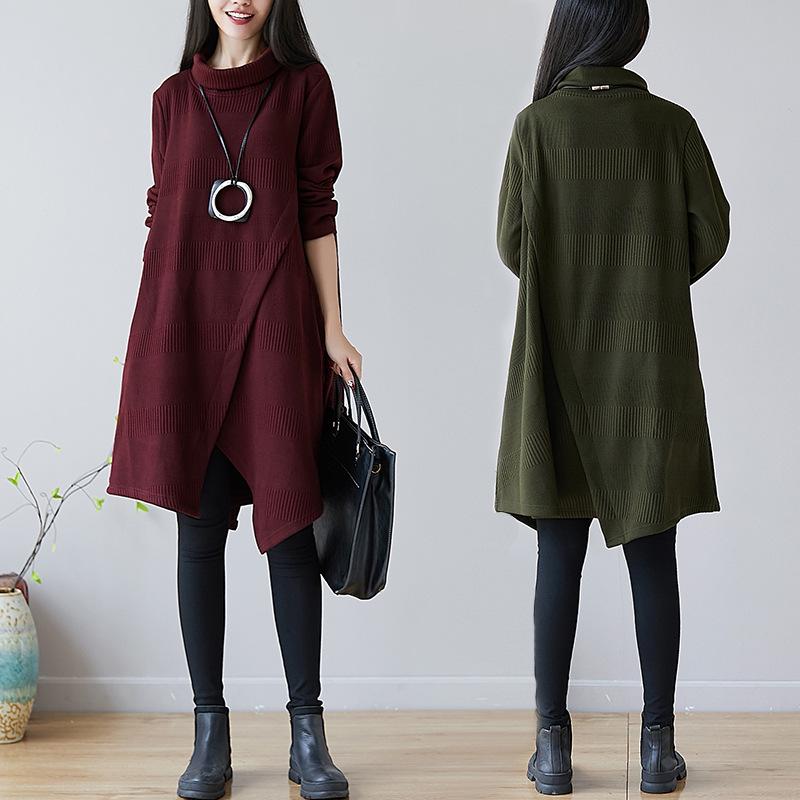 Women's Turtleneck Long Sleeve Midi Dress Loose Fit Loose Waist Vintage Asymmetric Hem Knit Dress Plus Size Warm Lined Casual Tunic Dress