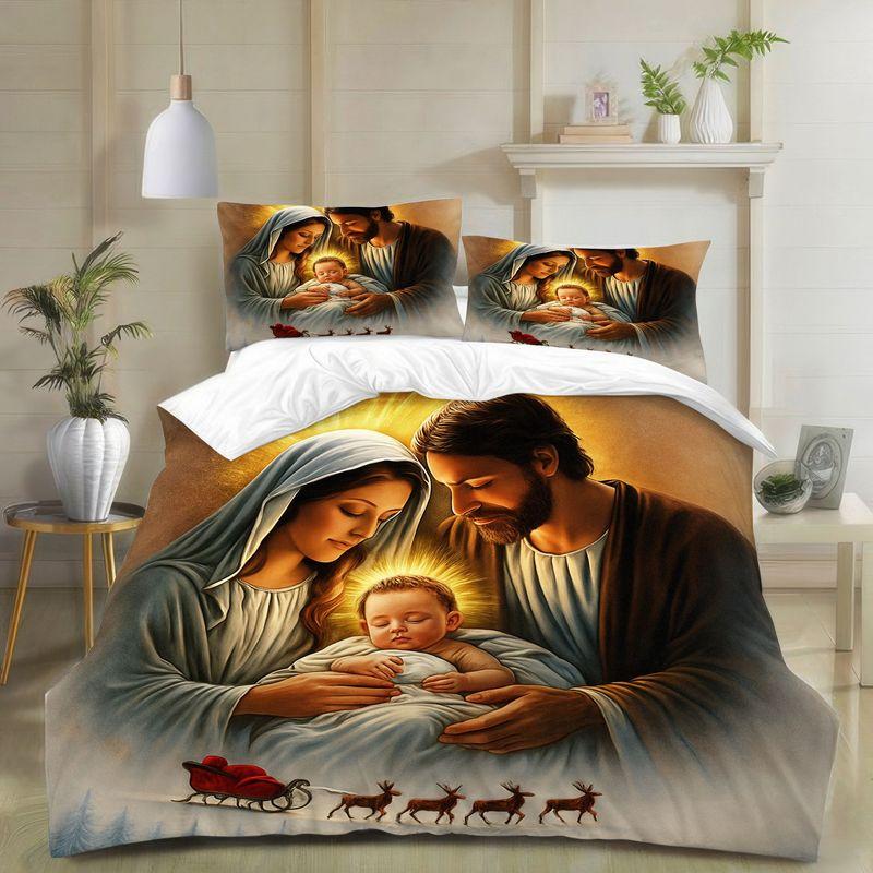 Set of 3 Nativity Scene Featuring The Holy Family, Christmas-Themed Duvet Cover And Pillowcase, with a Radiant Design