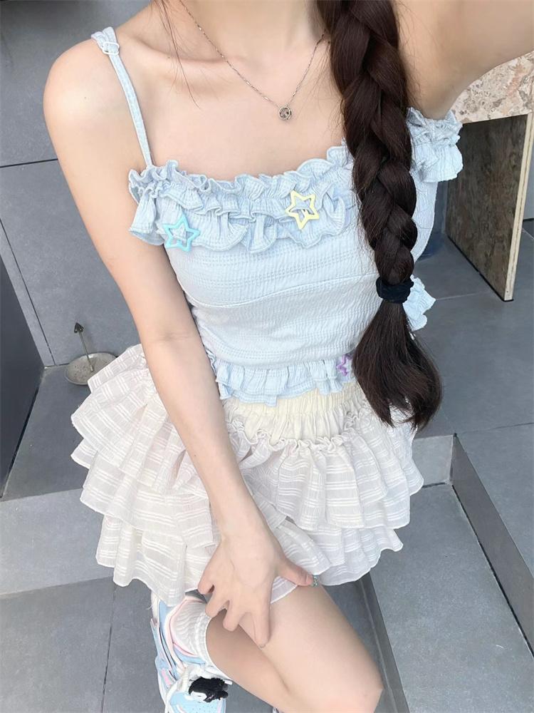 Kawaii Lolita Skjørt Shorts Kvinner Ruffle Patchwork Lagdelt Høy Midje Y2k Balletcore Miniskjørt Sommerfest Klubb