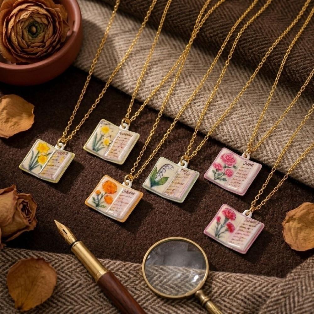 Flowers Birthday Necklace Month Design Sense Necklace Vintage Book Pendant Necklace Jewelry