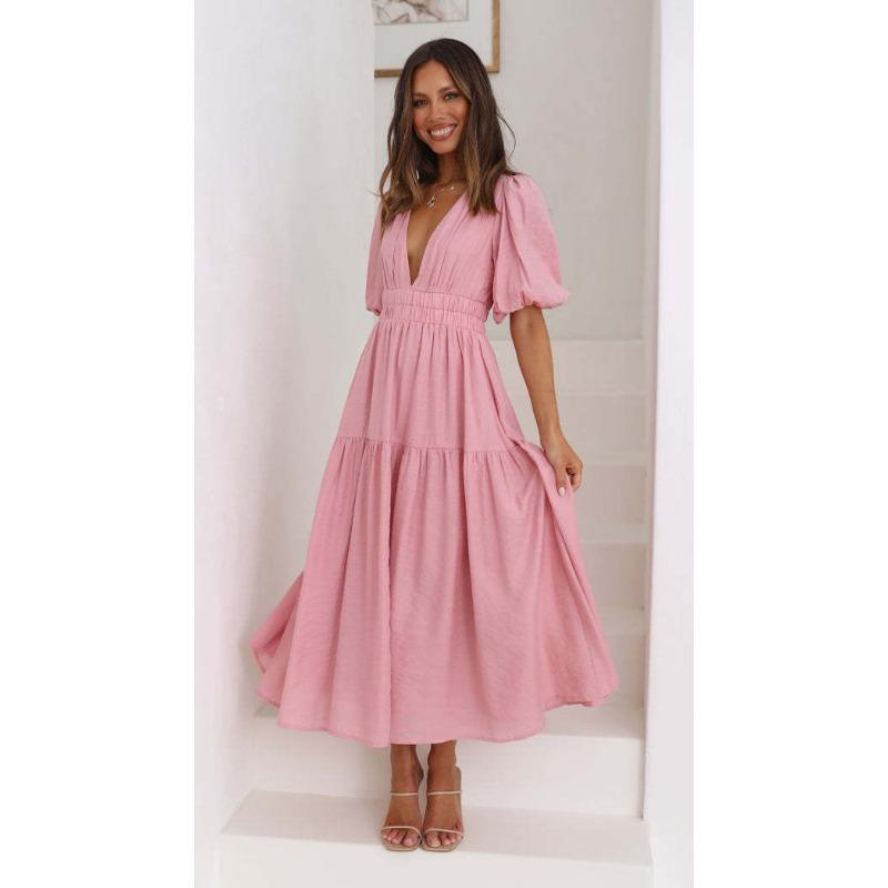 2025 Summer Deep V-neck Puff Short Sleeve Fashion Women Dress New Elegant Solid Color Loose Party Medium and Long Dress Women Slim Fit Women Clothing