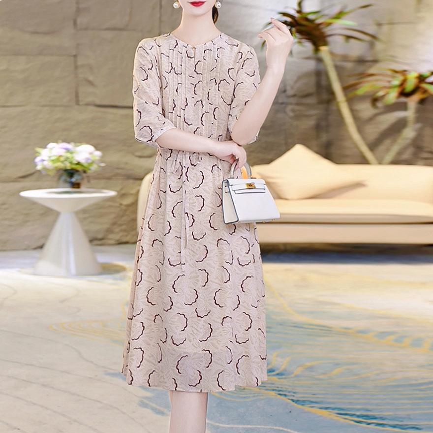 

Платье из двойного крепа, женское летнее, новое, омолаживающее, с круглым вырезом и завязкой, приталенное, из шелка тутового дерева, А-силуэта 3XL