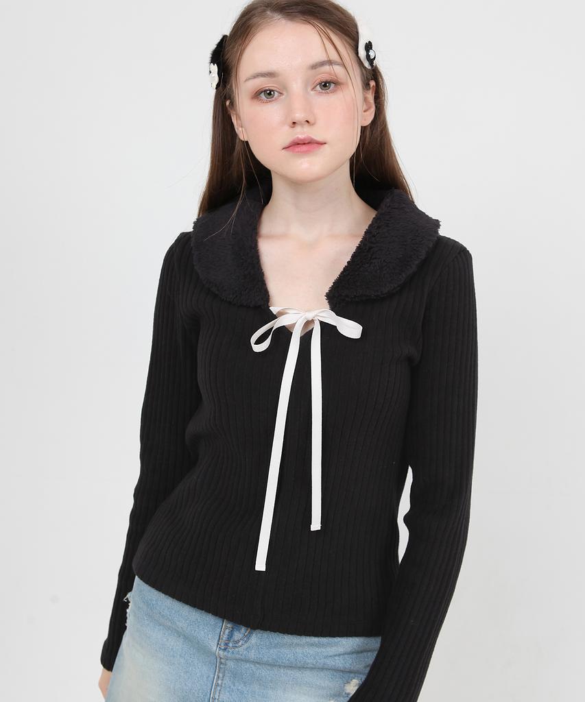CATTLINE Fur Collar Knit T-Shirt (Black)