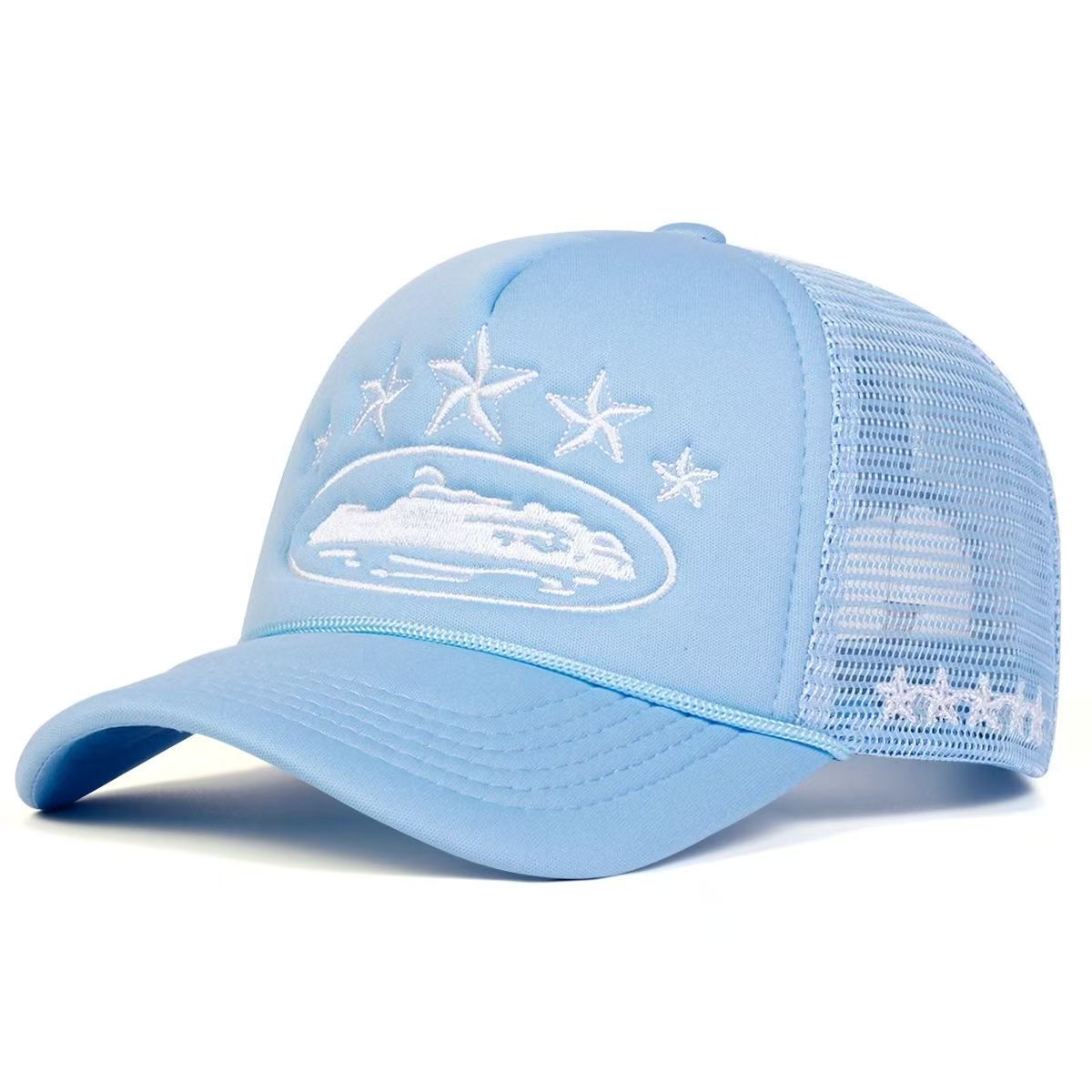 Neue Europäische & Amerikanische Stil Kreuzfahrt Bestickte Street Baseballkappe, Unisex Sonnenschutz Atmungsaktives Netz Hip‑Hop Truckerhut 52-60cm white
