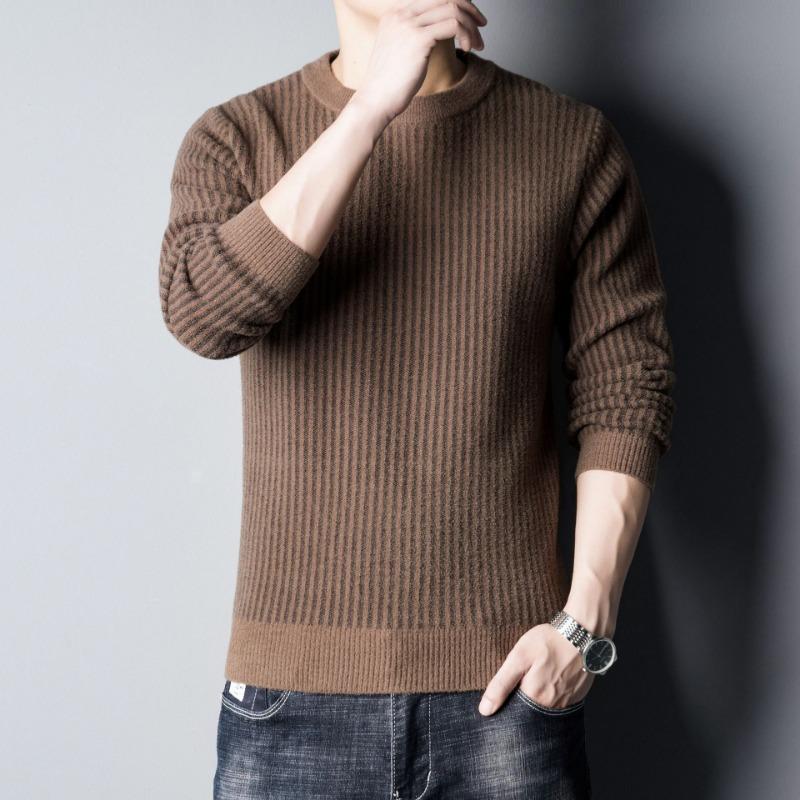 Rundhals-Pullover für Herren, neuer Trend zu lockeren Oberteilen, gestreiftes Jacquard-Strick-Bottom-Hemd für Herren im Herbst und Winter