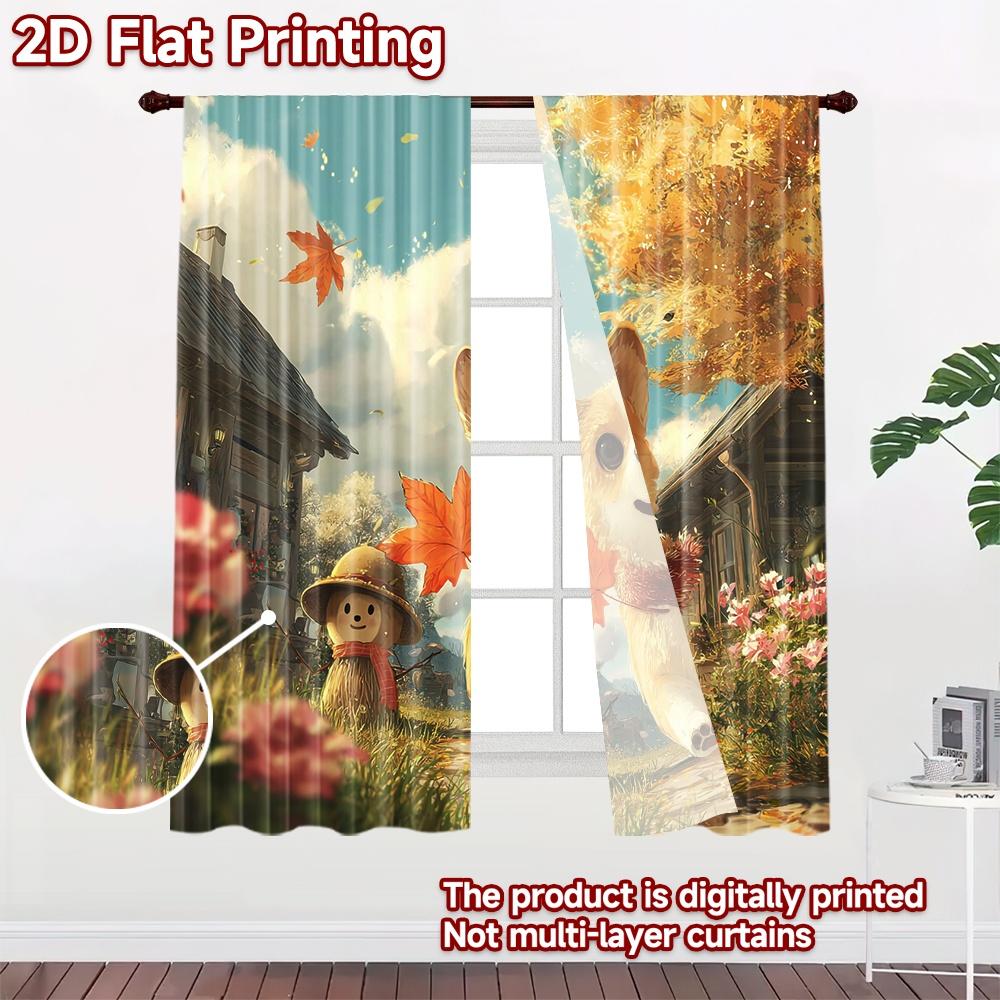 2D flat printing 2pcs Party Curtains Cute Shiba Inu Scarecrow Autumn Leaves Digital Printed Polyester Drapes Seasonal Party &