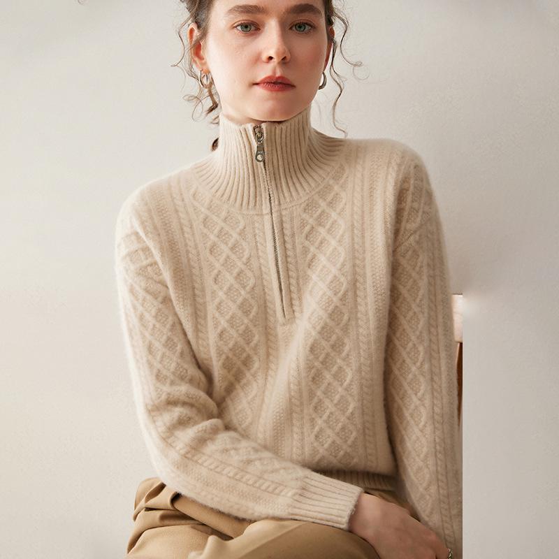 2025 Autumn/Winter Blue Slimming Cable Knit Cashmere Sweater with Lapel and Half-Zip