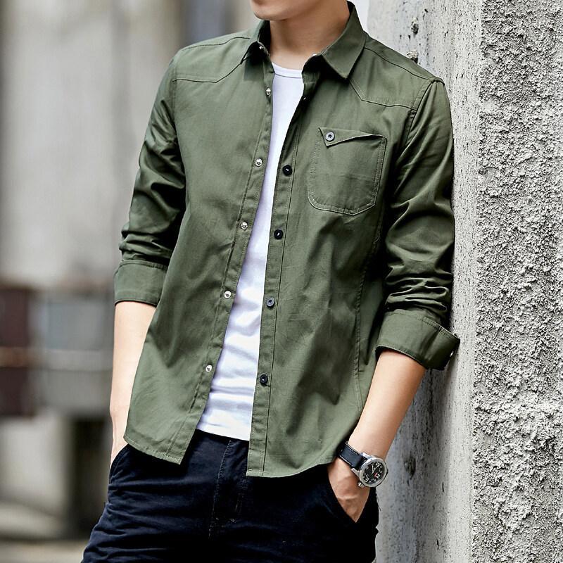 Men's Olive Green Long Sleeve Cargo Shirt, Casual Button Down Top with Chest Pocket for Daily Wear