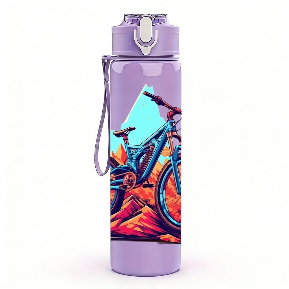 1PC Mountain Bicycle Outdoor Cycling Print 750ml Color Plastic Sports Water Bottle Leakproof Flip Straw Lid Suitable for Sports Office Home Use