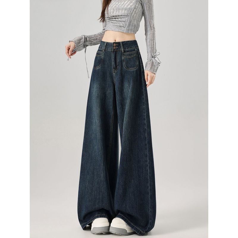 

Plus-Size Wide-Leg Jeans for Women, Summer Thin High-Waisted Slimming Straight Pants, Suitable for Curvy Figures, Drapey Style Dark Blue [Trousers] XL