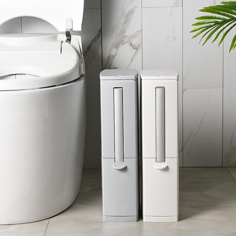 Japanese-Style Bathroom Trash Can & Toilet Brush Set: Compact, Narrow Design with Lid.