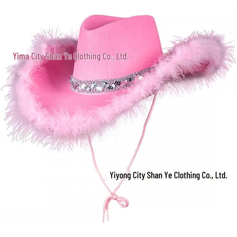 Pink Upturned Brim Denim Hat with Frayed Edges & Silver Feather Band