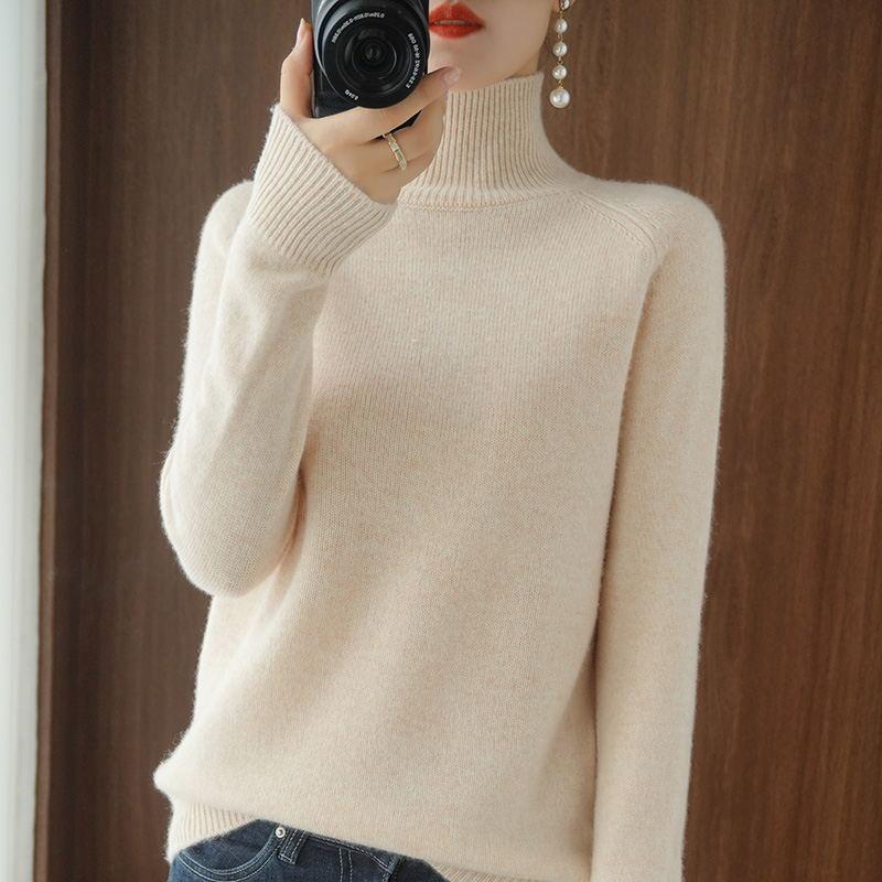 Women's Autumn Winter Plus-Size High Stand-Collar Solid Color Pullover Sweater - Loose Versatile Knit Base Layer