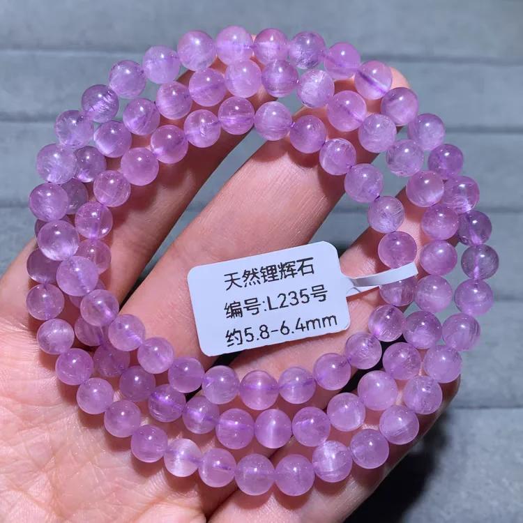 Natural Purple Kunzite Round Beads Bracelet 6mm Cat Eye 3 Laps Clear Beads Women Kunzite Beads Cat Eye Bracelet Jewelry AAAAAA