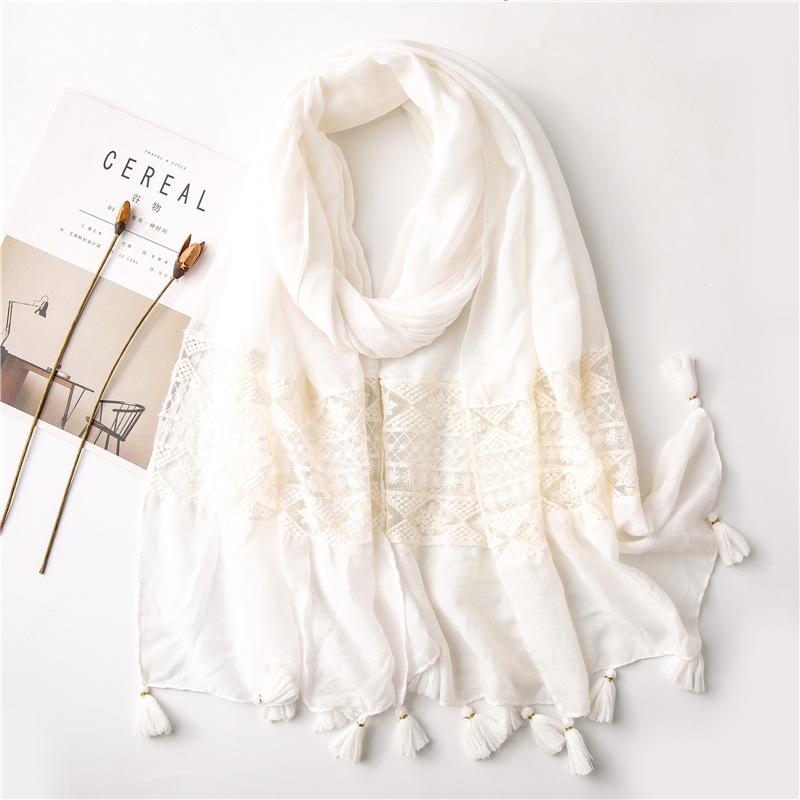 2024 Four Seasons Women'S Refreshing Literary Solid Color Elegant Scarf Lace Splicing Embroidered Silk Scarf Sunscreen Shawl Air Conditioning Scarf